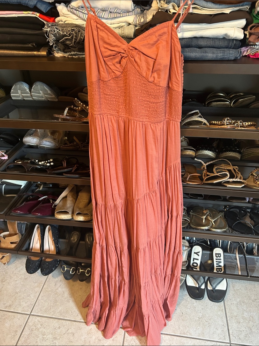 Free People Rust Orange Tiered Maxi Dress with Twist Front